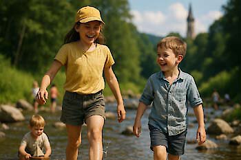 Kinder auf dem Bauernhof im Bayerischen Wald